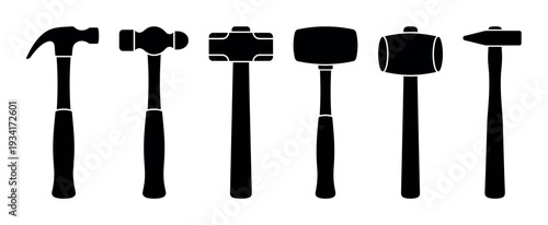 Diverse collection of hammers and mallets, including various types for different construction and repair tasks.