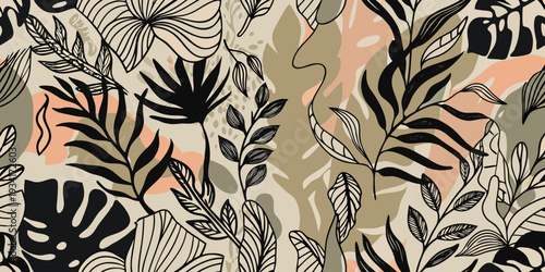 Abstract tropical leaf pattern with black lines and muted color blocks