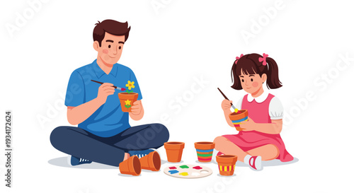 A man and a girl sitting cross-legged on the floor painting terracotta pots with brushes and colorful paints on a white background.