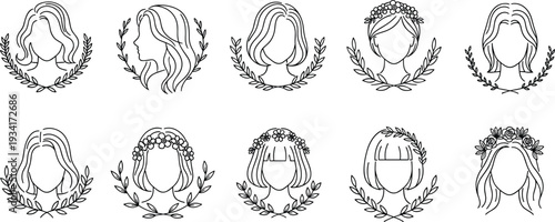The Icon Set Features Diverse Women with Various Hairstyles and Floral Wreaths