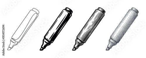 Four different marker pen styles for design projects, including outline, solid, hatched, and stippled illustrations.