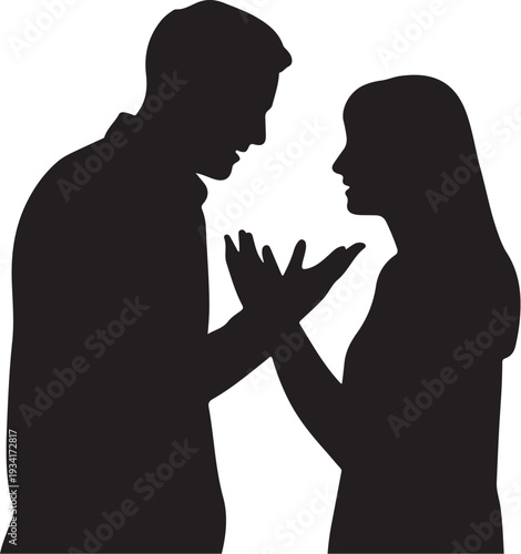 Black silhouette of couple arguing argument white background