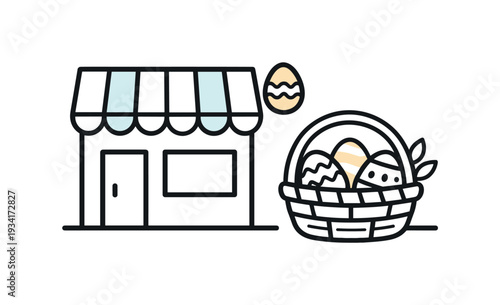 Cute cartoon storefront with Easter eggs in a basket, representing holiday shopping