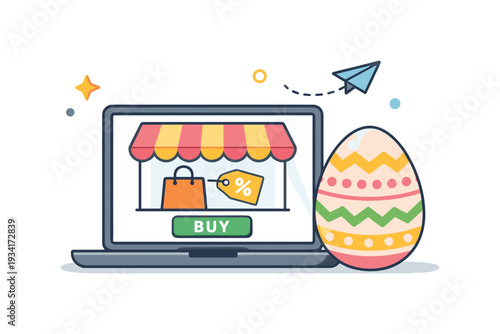 Online shopping for Easter with a decorated egg and a laptop displaying a store