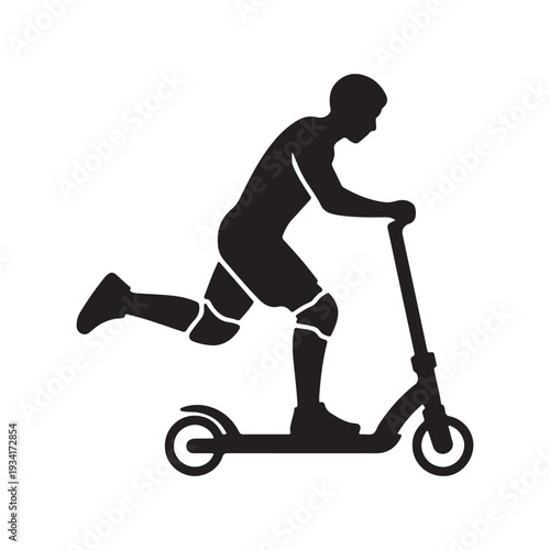 Boy Riding Kick Scooter Silhouette – Black and White Urban Mobility Vector