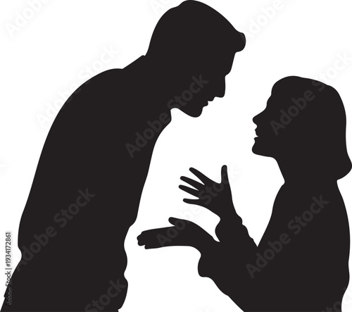 Black silhouette of couple arguing argument white background