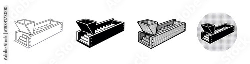 Mechanical sorting device with a funnel and internal steps depicted in various black and white illustrative styles.