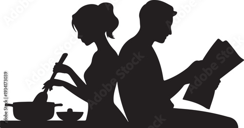 Black silhouette of couple cooking and reading woman