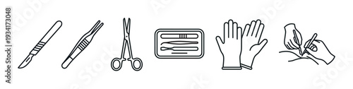 Surgical instruments and medical tools set of icons representing various procedures and equipment used in healthcare.