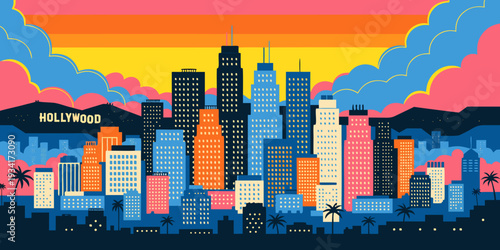 Los Angeles Skyline at Sunset with Palm Silhouettes & Hollywood Hills – Ultra‑Wide Cinematic Flat Vector Banner for USA West Coast Themes