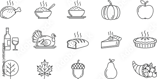 Autumn Icon Collection Featuring Thanksgiving Food and Symbols