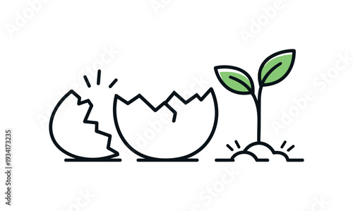 Broken eggshell and a new plant sprouting from the ground, symbolizing growth and new beginnings