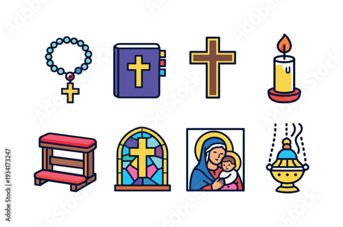Collection of Christian religious symbols and icons in a flat design style