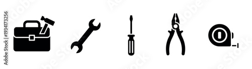Handyman and construction tools, including a wrench, screwdriver, pliers, and tape measure, are shown as minimalist icons.