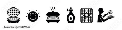 Waffle making icons set illustrating the process from cooking with a waffle iron to serving with syrup.