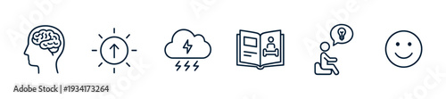 Conceptual line icons illustrating the process of thinking, overcoming challenges, learning, and achieving positive outcomes.