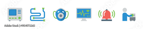 Medical equipment and healthcare icons illustrate essential hospital technology, patient monitoring, and emergency response.