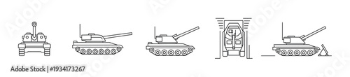 Military tank line art illustrations showcasing various perspectives and combat configurations for warfare concepts.