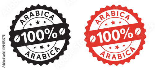 100% Arabica coffee stamp, round vector emblem, coffee product label, isolated white background, premium quality design