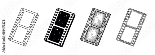 Classic movie film strips are depicted in four distinct graphic styles, symbolizing vintage entertainment and media.