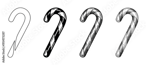 Four different candy cane illustrations in various artistic styles, perfect for holiday design elements.