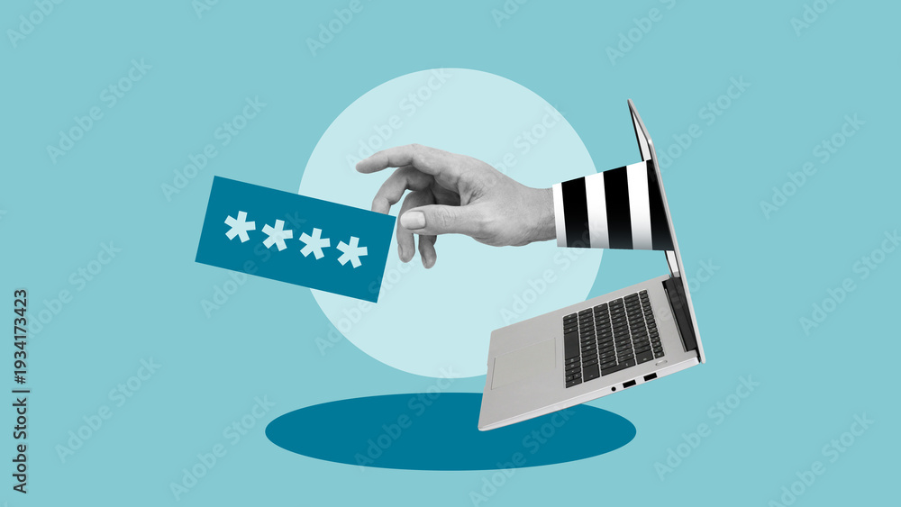 Εκτύπωση καμβά Cybersecurity concept, hacker stealing password from laptop, data breach and onl