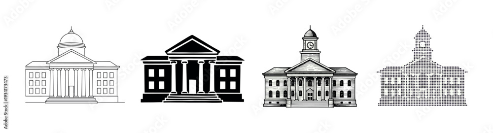 Obraz premium Various classical style buildings depicted with different artistic interpretations and graphic techniques.