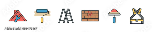 Construction and repair tools and equipment icons representing various building and maintenance tasks.