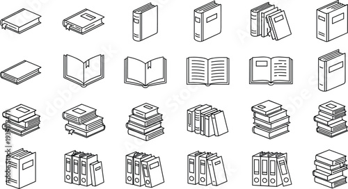 An icon set of various book stacks and open books on a shelf Icon.