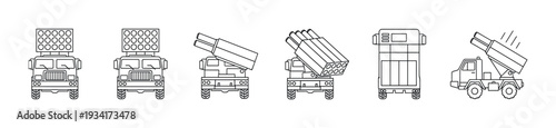 Military rocket launcher vehicles collection showcasing various angles and designs of powerful artillery systems ready for action.