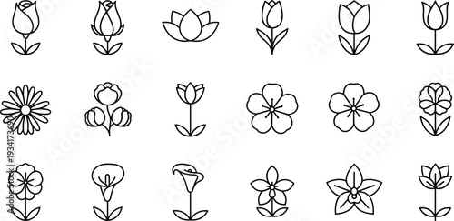 A diverse collection of 20 unique flower icons arranged neatly in rows on a clean white background