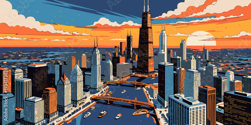USA, US, U.S, United States - Downtown Chicago aerial skyline, cinematic lighting, ultra-wide vector poster
