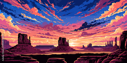 USA, US, U.S, United States - Monument Valley desert sunset, red rock silhouettes, panoramic ultra-wide vector
