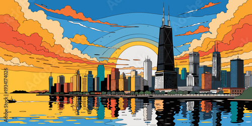 USA, US, U.S, United States - Chicago skyline sunset, Lake Michigan reflection, ultra-wide vector banner
