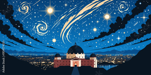 USA, US, U.S, United States - Griffith Observatory at night, city lights, ultra-wide vector, cinematic composition 
