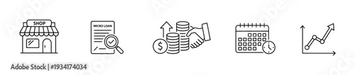 Micro loan business icons illustrating financial planning, investment growth, and timely repayment schedules for entrepreneurs.
