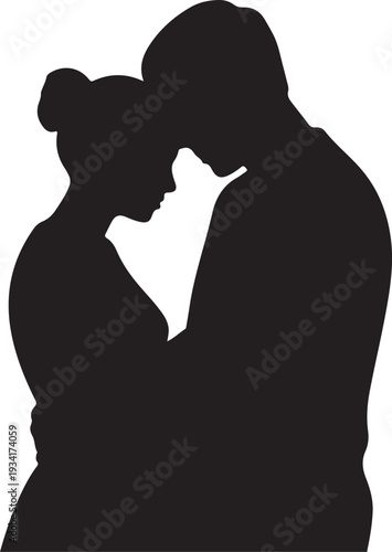 Black silhouette of couple embracing and touching foreheads