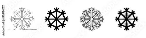 Four unique snowflake designs showcase winter's beauty and festive spirit in various artistic styles.