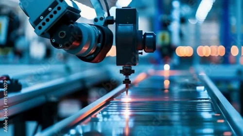 Robotic Arm Precision Laser Engraving or Welding on Assembly Line | Futuristic Industrial Robot Operating on Conveyor in High-Tech Factory