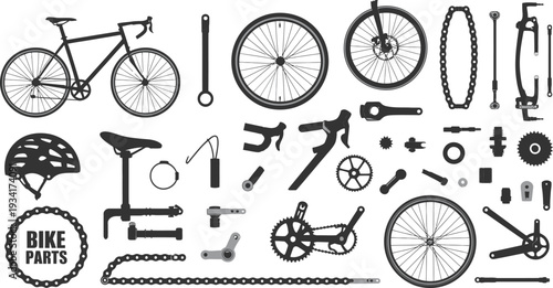 Comprehensive black and white illustration of essential bicycle parts, components, and a complete bike, showcasing diverse elements crucial for cycling assembly, repair, and maintenance