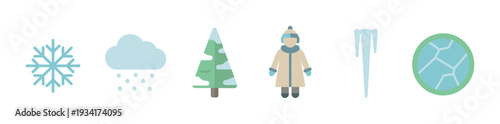 Winter weather icons collection featuring snowflake, snow, tree, person, icicle, and ice symbols for cold season designs.