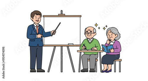 A cartoon man in a blue suit teaches two elderly people at a table with a whiteboard in the background, conveying a thoughtful mood.