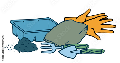 Gardening kit for planting seedlings. Hand-drawn vector illustration of tools: soil, trowel, fork, and gloves. Isolated icon set for spring hobby or agriculture concepts.