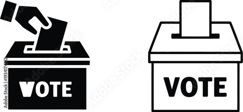 Election symbol featuring a hand casting a ballot into a vote box, alongside a simplified graphic of a ballot box with the word 'Vote' in a minimalist illustration style