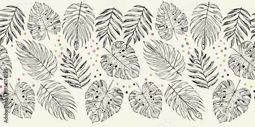 A seamless pattern of tropical monstera and palm leaves with dots