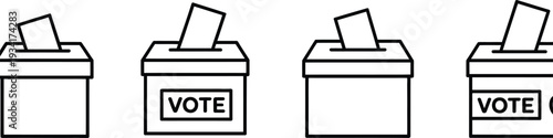 Four simple black and white line art icons depicting ballot boxes with ballots being cast, symbolizing elections, democracy, and citizen participation in the voting process