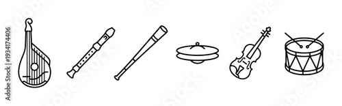 Musical instruments set of diverse instruments including string, wind, and percussion instruments in a clean, minimalist line art style.