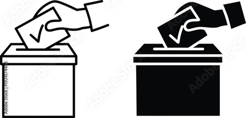 A set of black and white line art icons illustrating the act of voting, with a hand placing a marked ballot into an election box, symbolizing democratic participation and choice