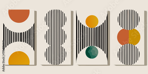 Abstract geometric wall art featuring shapes lines and a muted color palette