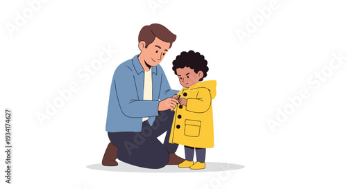Illustration of a man helping a child button a yellow coat on a plain white background with a gentle mood.